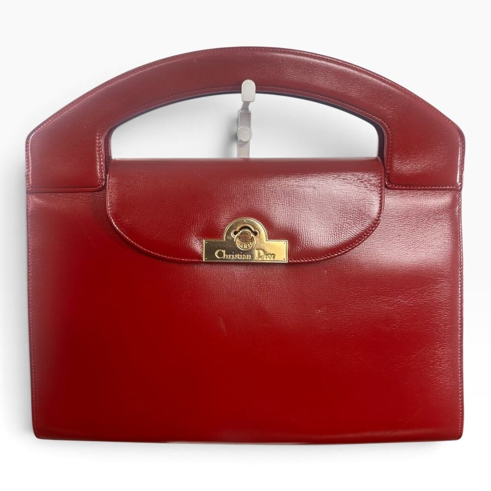 Vintage Christian Dior Red Leather Top Handle Bag Gold Hardware Made France